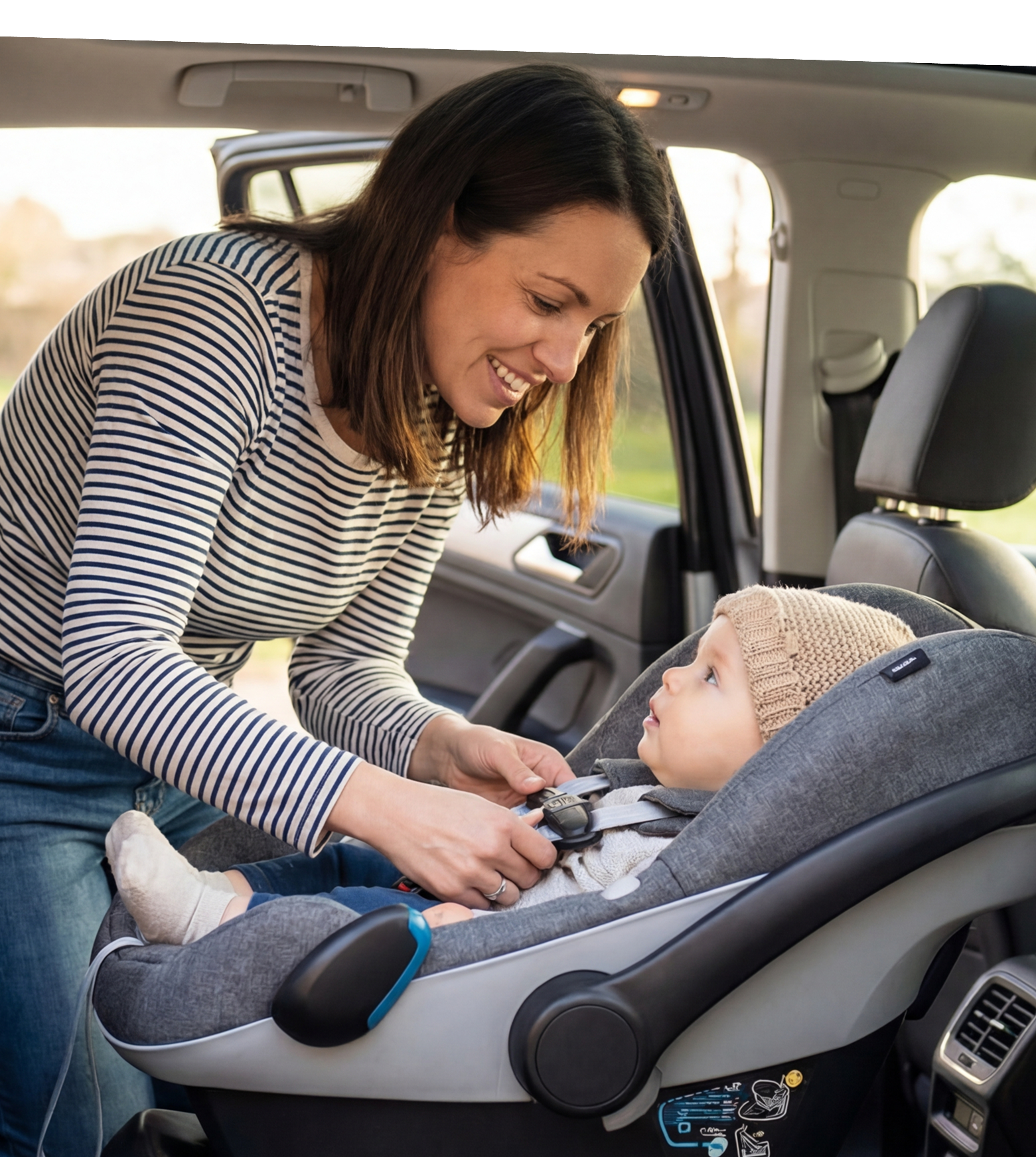 Mother securing baby in car seat